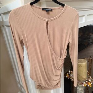 Boston Proper Ribbed Wrap-Front Long Sleeve Top - Beige